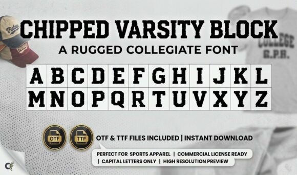 Chipped Varsity Block: A Bold, Distressed Typeface for Rugged Designs